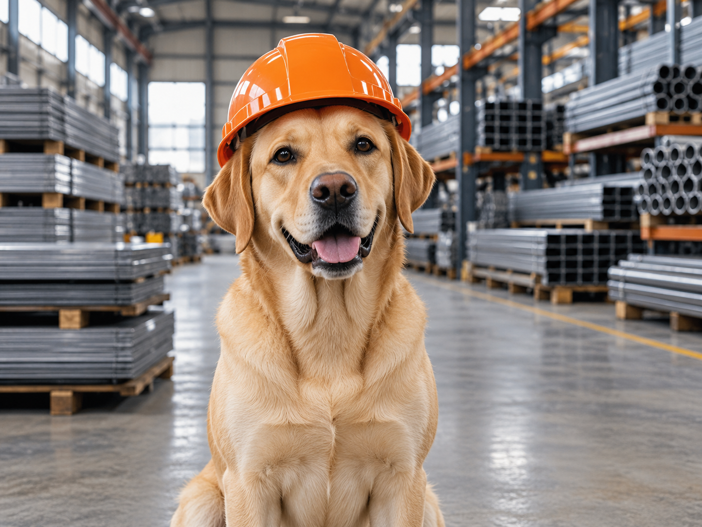 Labrador mit orangefarbenem Bauhelm in einer Stahlhalle